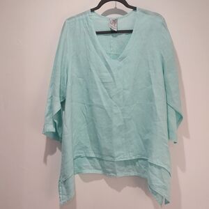 La Fixsun Women's Linen V-Neck Shark-Bite Hem Top Sea Foam Green M